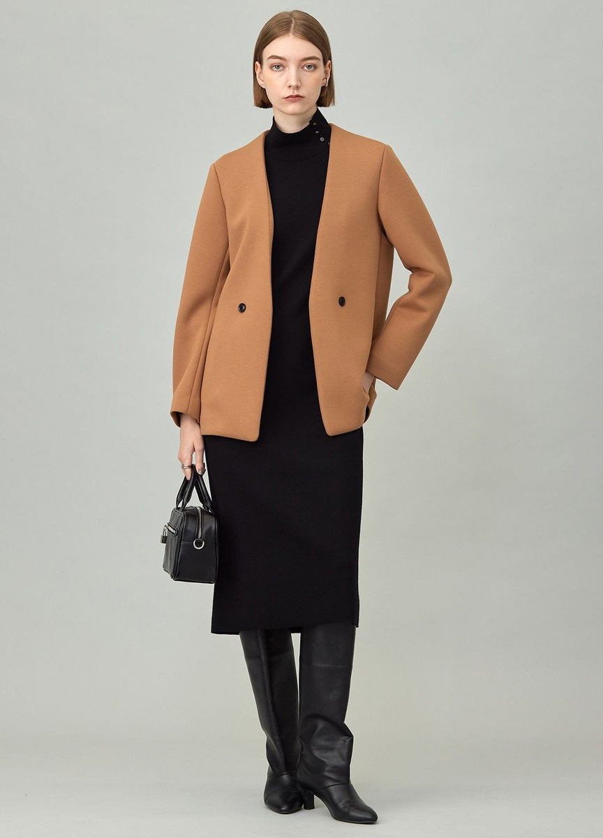 壓縮羊毛高領釦飾洋裝